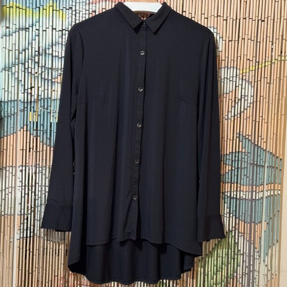H by Halston, Jet Set Jersey Button Front, Collared, Knit Shirt, Black, Medium - Picture 1 of 13